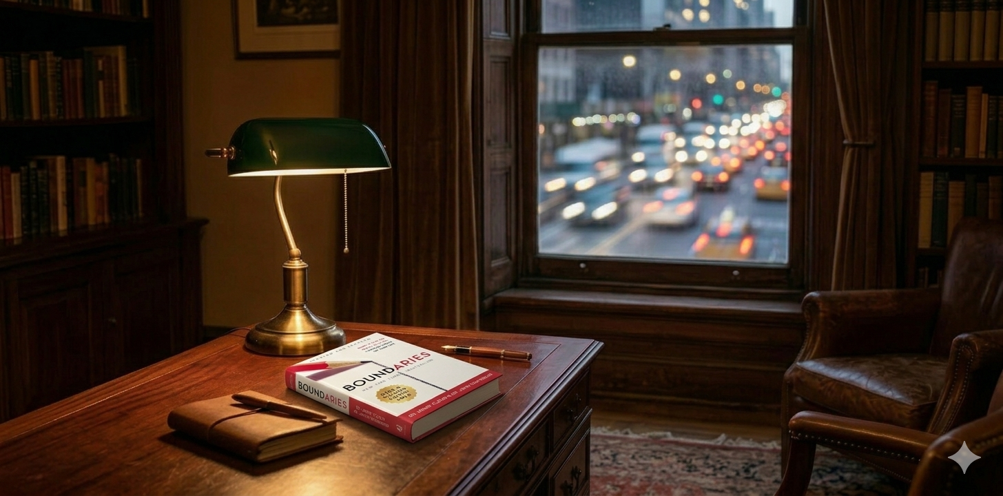 An interior shot of a dimly lit, cozy study in an old Manhattan brownstone. A single warm lamp illuminates an open book on a mahogany desk, while through the window, the blurred, frenetic lights of the city move past..Boundaries