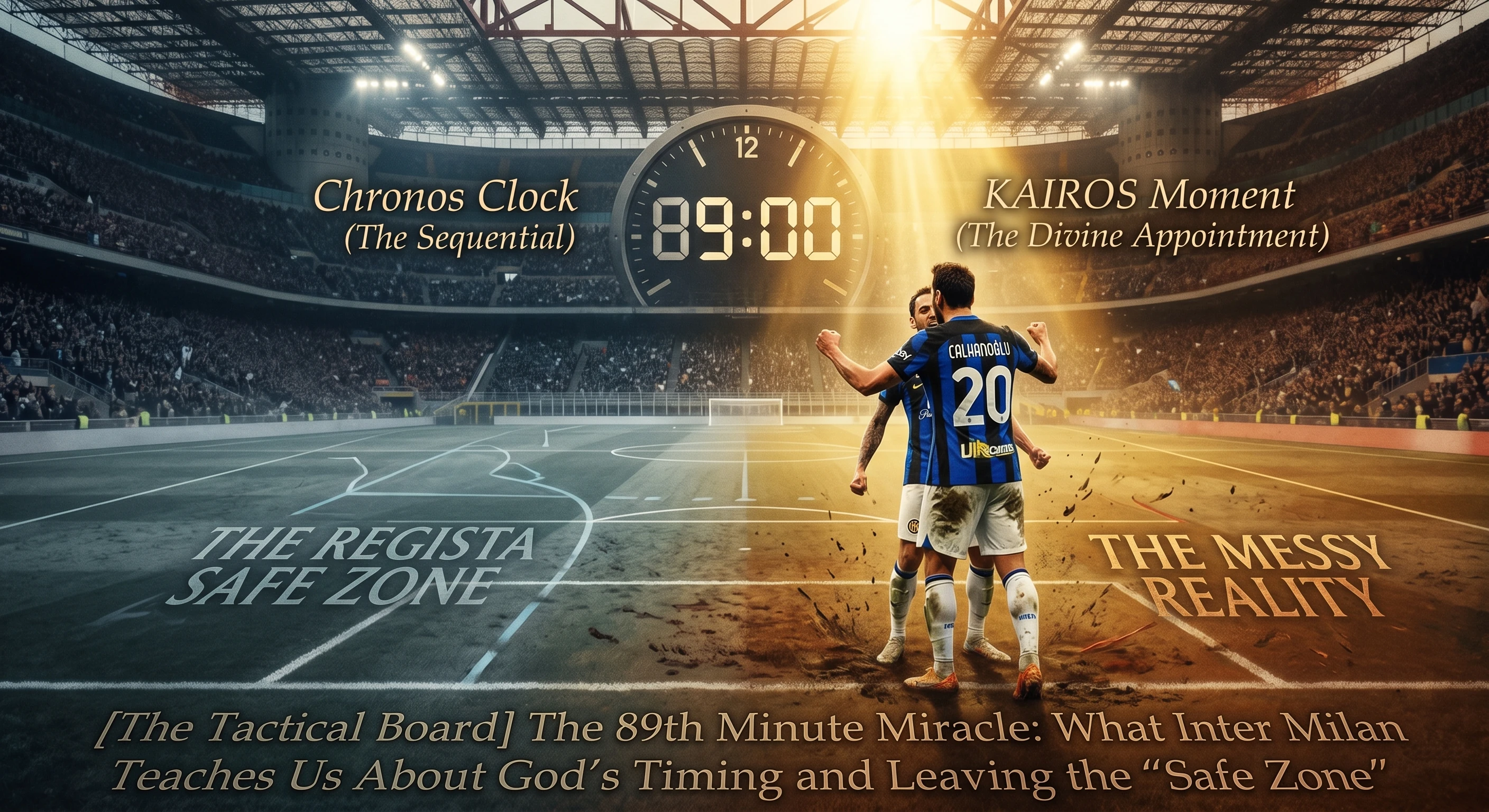 A graphic illustration of two Inter Milan football players (one wearing number 20) celebrating in a large stadium at the 89:00 mark. The image is split down the middle with text overlays: the left side represents tactical, sequential time ("Chronos Clock," "The Regista Safe Zone") in cool tones, while the right side represents divine timing ("Kairos Moment," "The Messy Reality") in warm tones. An article title banner sits at the bottom.