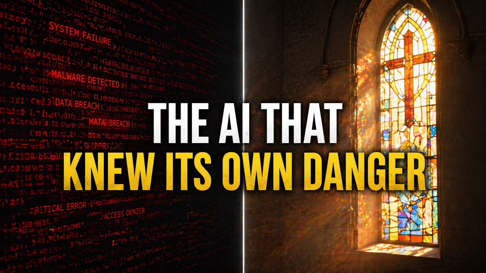  Split image contrasting cybersecurity threat code with peaceful church stained glass