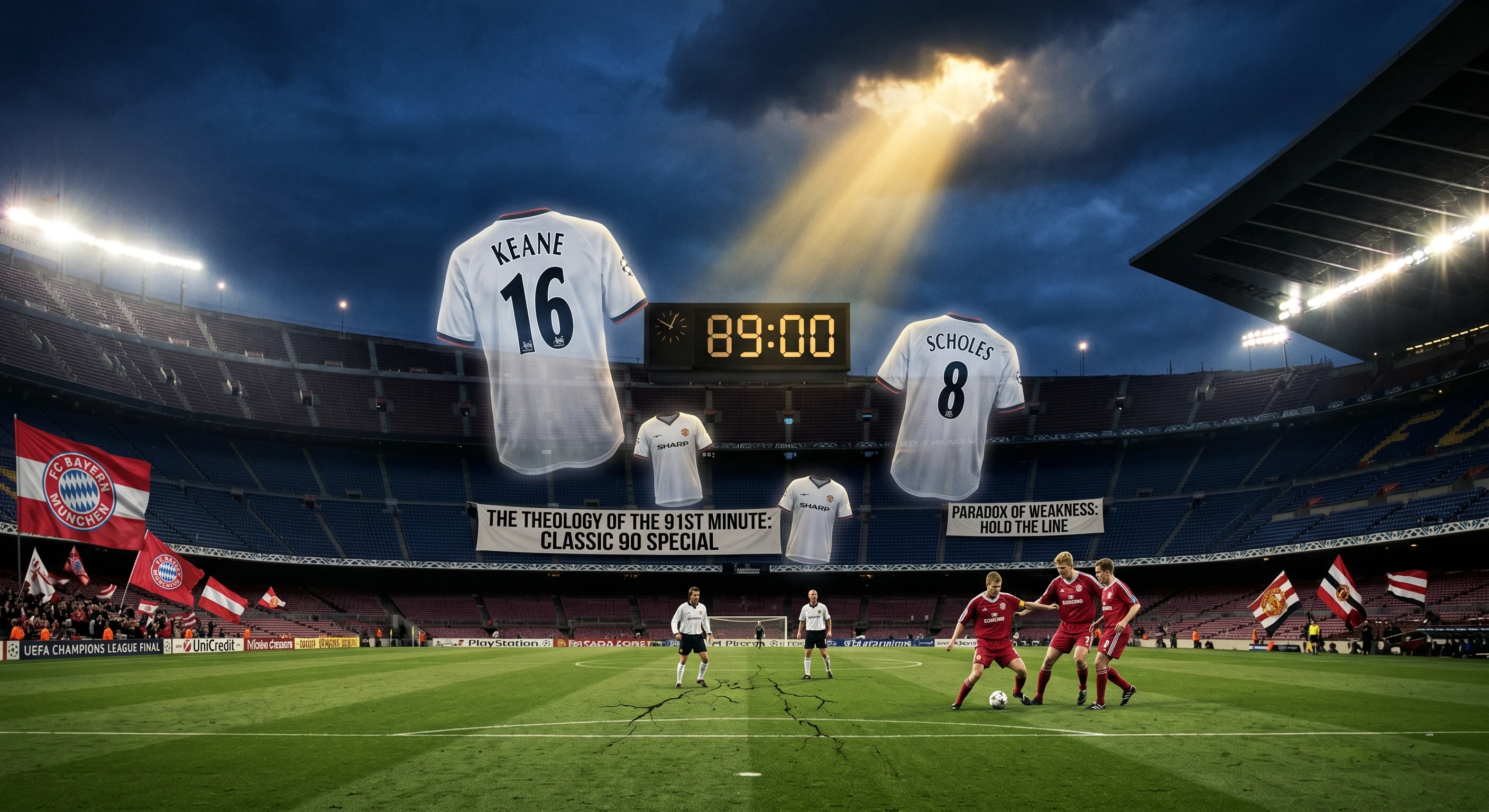 A dramatic illustrative photograph of the 1999 Champions League Final at Camp Nou. Translucent, ghostly Manchester United jerseys of suspended Roy Keane (16) and Paul Scholes (8) float above a depleted midfield struggling against a physical, dominant Bayern Munich. The stadium clock explicitly shows 89:00, freezing the moment of impending defeat. Banners declare 'THEOLOGY OF THE 91ST MINUTE: CLASSIC 90 SPECIAL' and 'PARADOX OF WEAKNESS: HOLD THE LINE'. Brooding Camp Nou sky hints at grace.