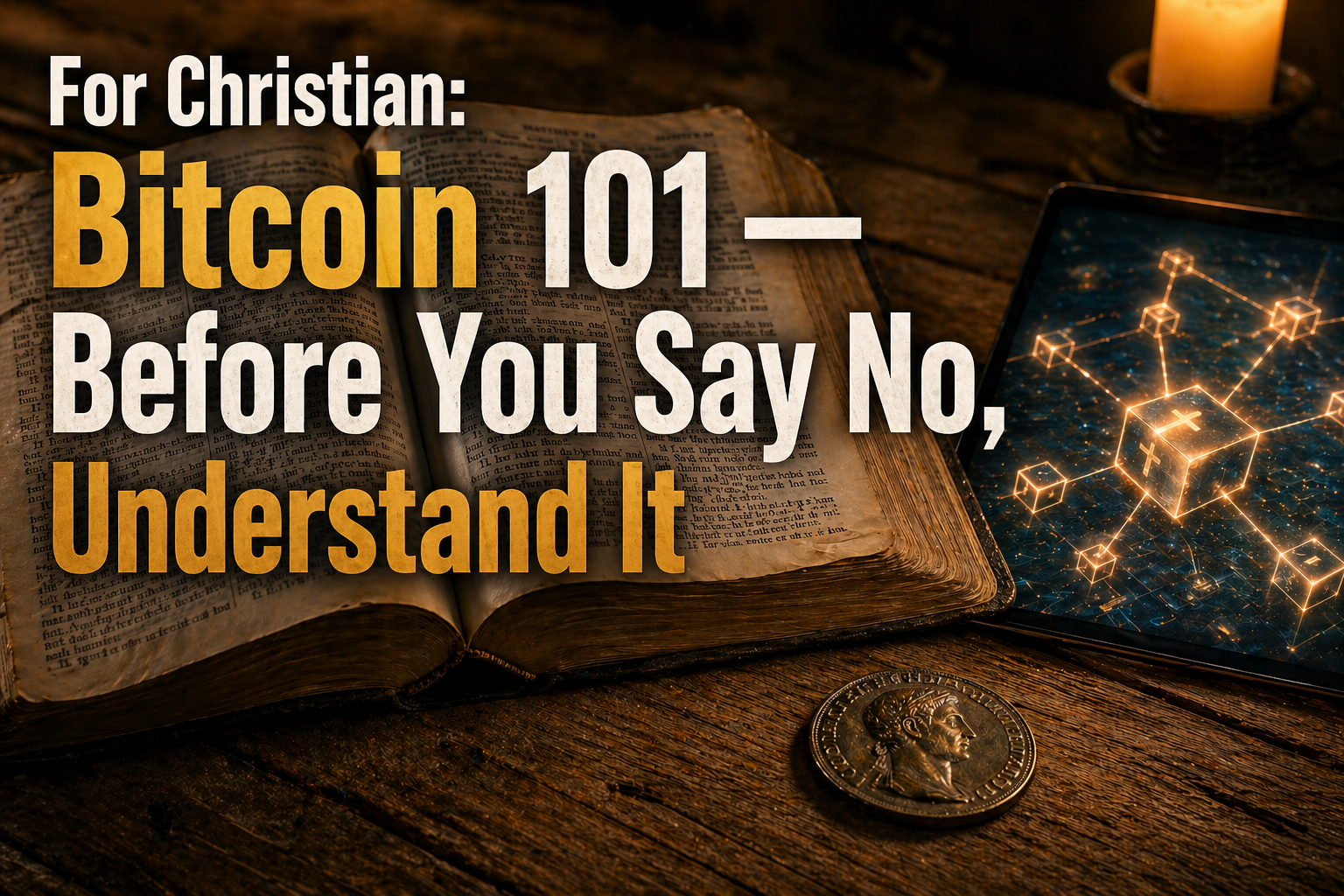 Open Bible next to a glowing digital screen with blockchain network visualization