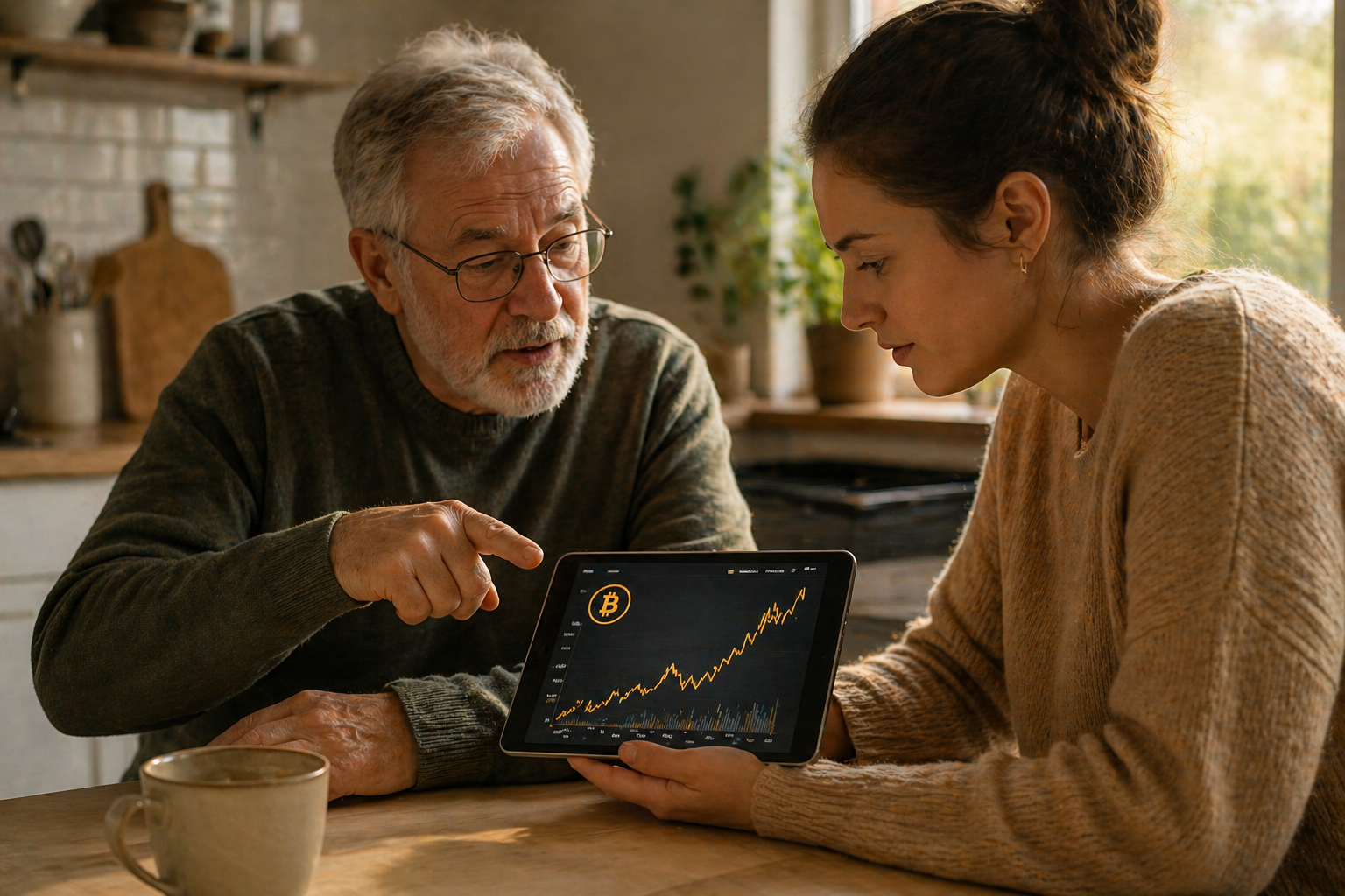 Two generations of Christians having a conversation about cryptocurrency at a kitchen table