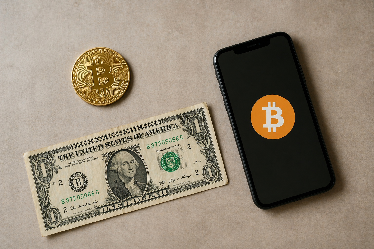 Gold coin, dollar bill, and Bitcoin symbol on a smartphone displayed together