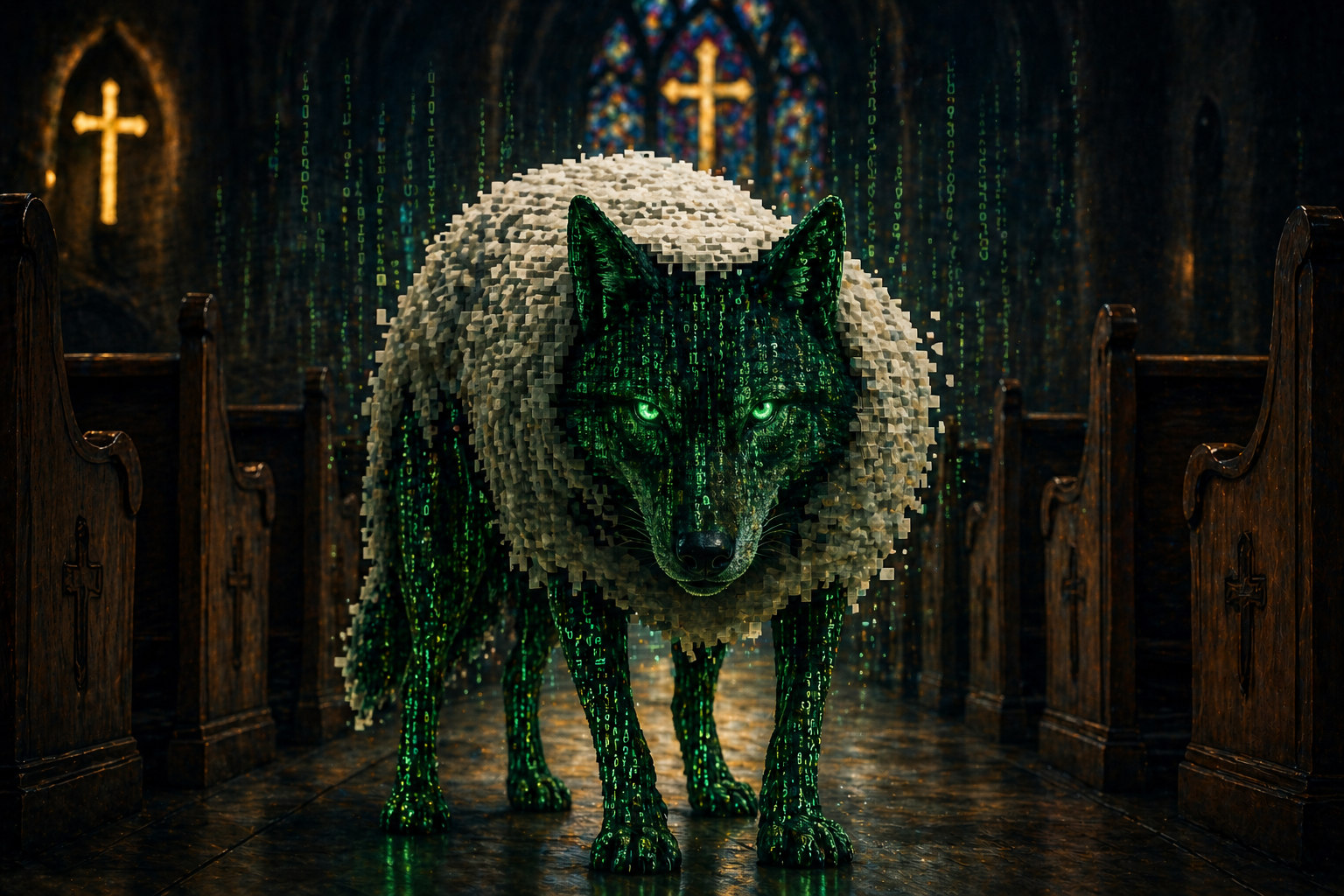 Digital wolf disguised in code standing in a church — AI impersonation threat