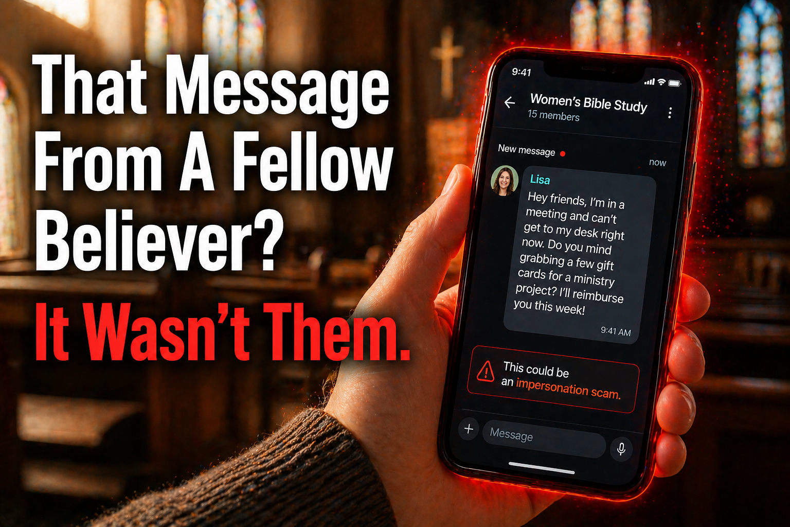Church group chat on a smartphone with a cybersecurity warning glow