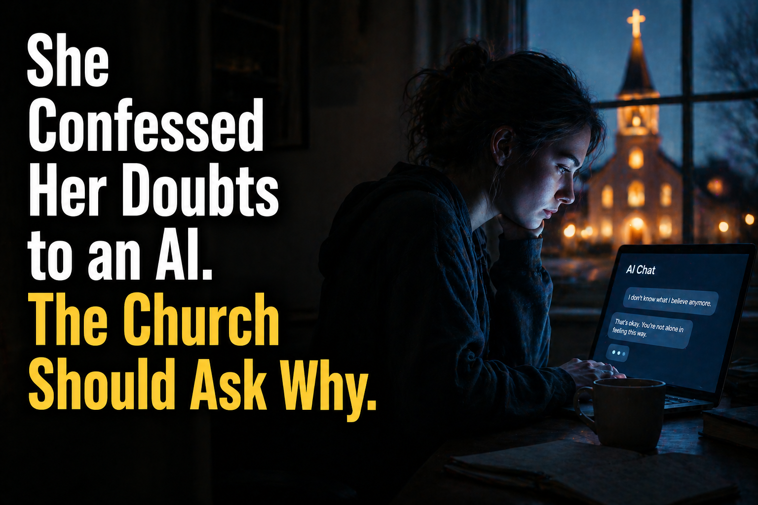 Young woman seeking spiritual comfort from AI while church community remains in the distance