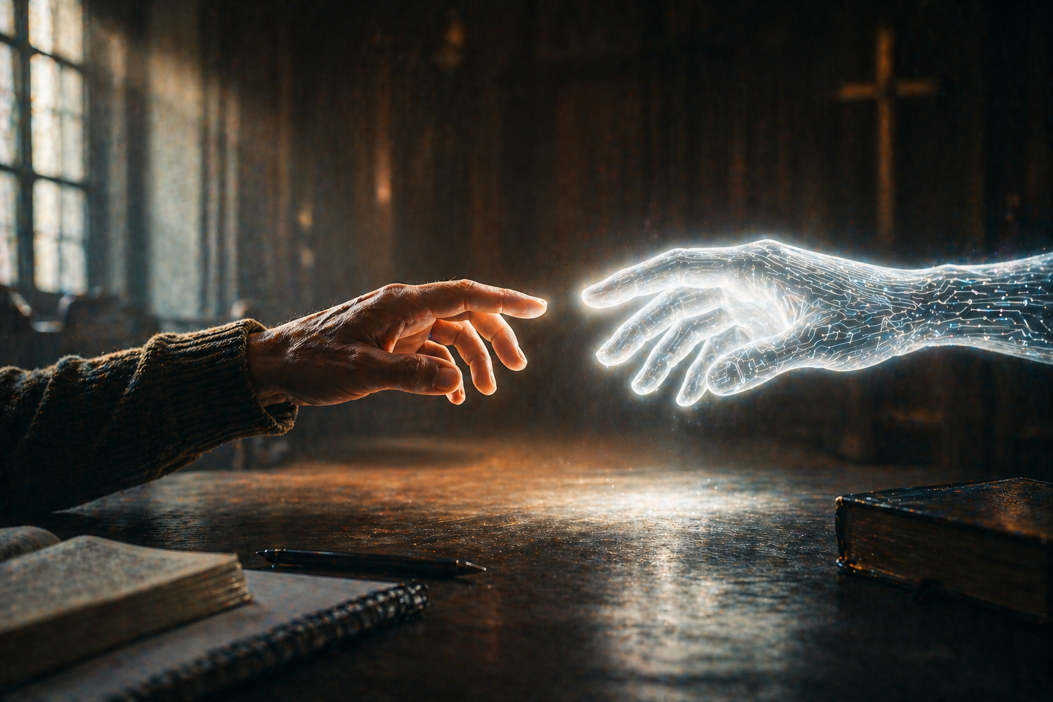  Human hand reaching toward an AI hand, illustrating the gap between digital and genuine pastoral care