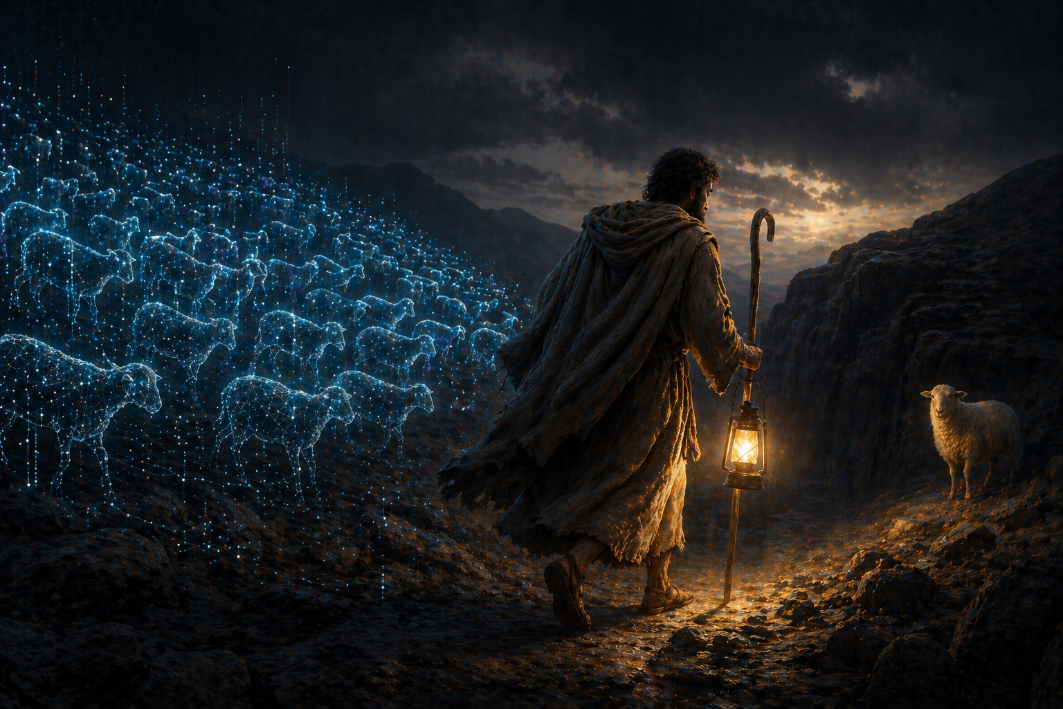 Biblical shepherd seeking a real sheep among digital data points, symbolizing authentic pastoral care in the AI age