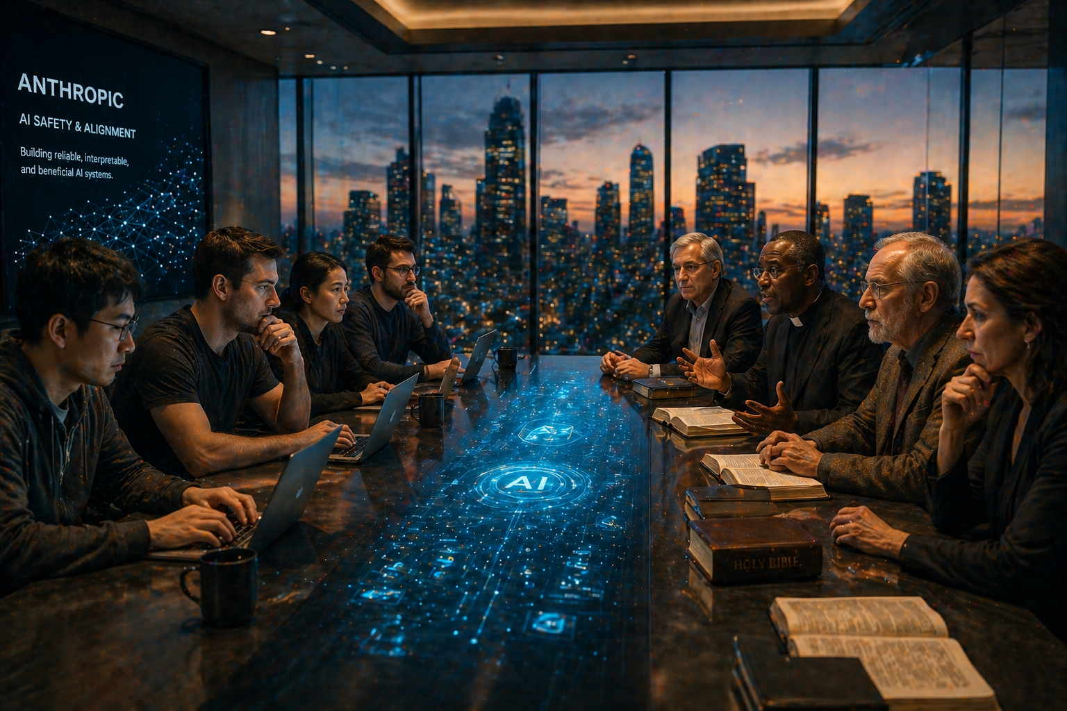 AI engineers and Christian theologians meeting at a table to discuss AI ethics and moral formation