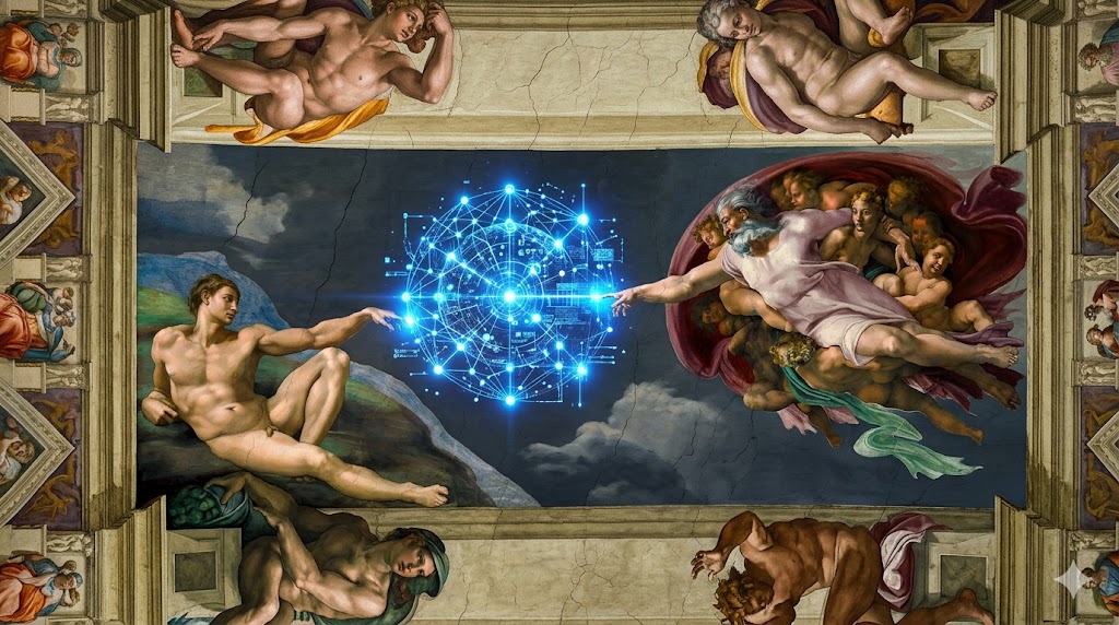 Sistine Chapel Creation of Adam reimagined with AI neural network, exploring imago Dei and artificial intelligence