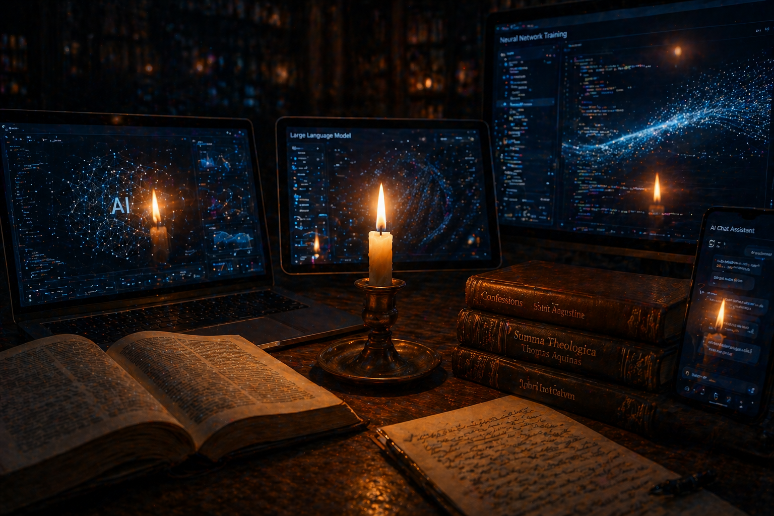 A candle flame reflected in AI screens, symbolizing enduring theological truth in the digital age