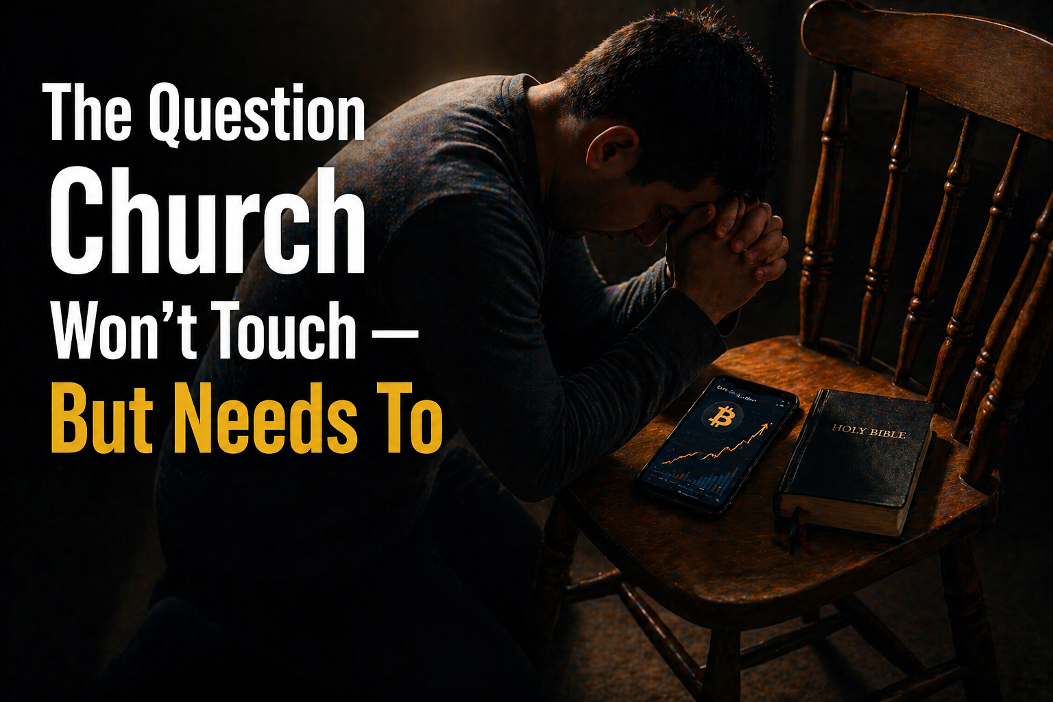 Christian kneeling in prayer with a smartphone showing a Bitcoin price chart