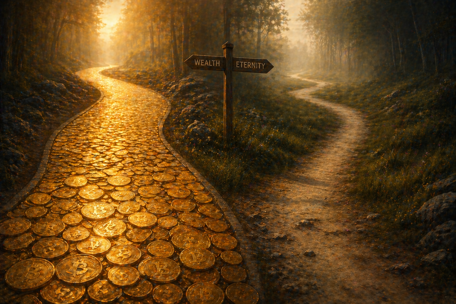 Two diverging forest paths representing the choice between wise stewardship and risky speculation
