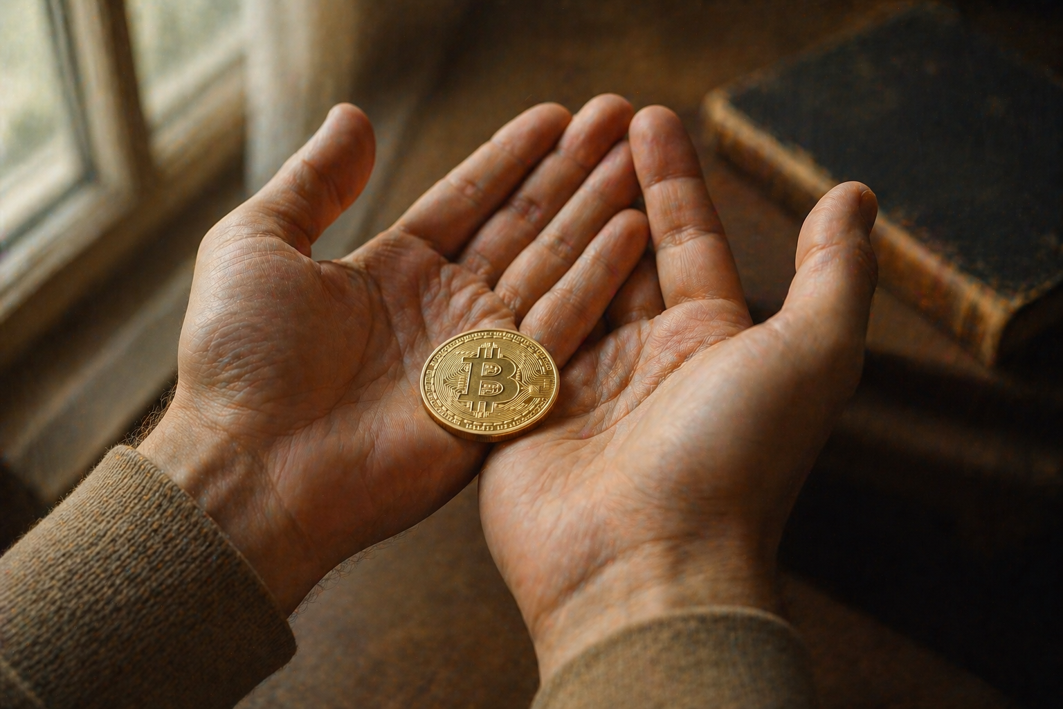 Open hands holding a gold Bitcoin coin in a posture of surrender and openness"