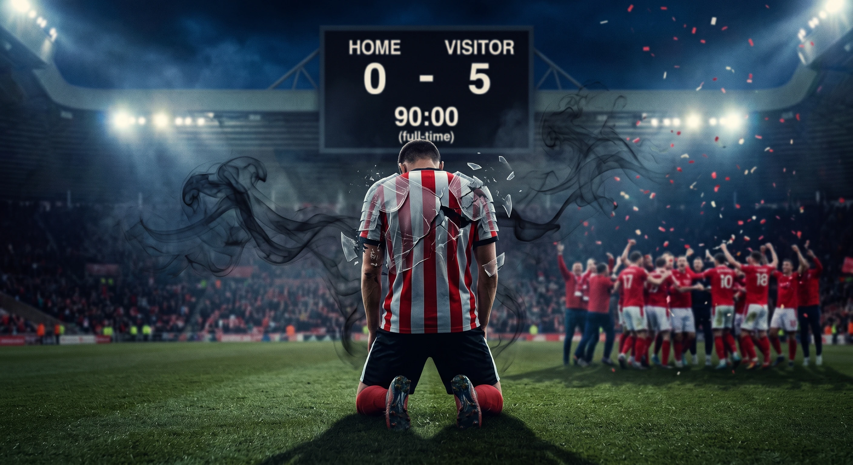 A football player in a red and white striped shirt kneels in total defeat on the pitch beneath a stadium scoreboard reading 0-5 at 90:00. His transparent, glass-like armor is shattering off his back, engulfed in dark smoke, while the opposing team celebrates in the background.