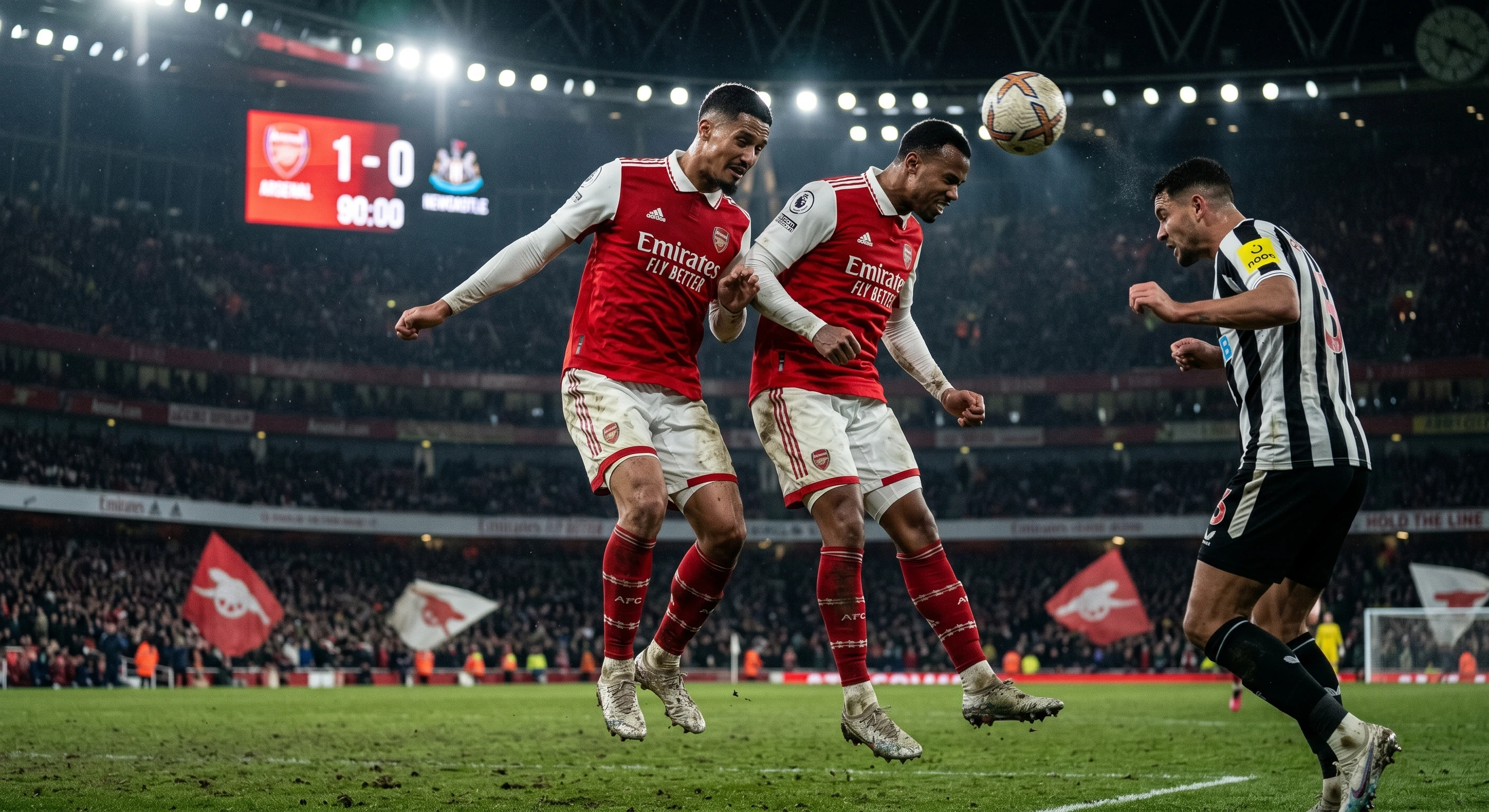 Two Arsenal defenders intensely leap to head the ball clear against a Newcastle attacker in a muddy penalty box, desperately defending a 1-0 lead in the 90th minute under stadium lights.