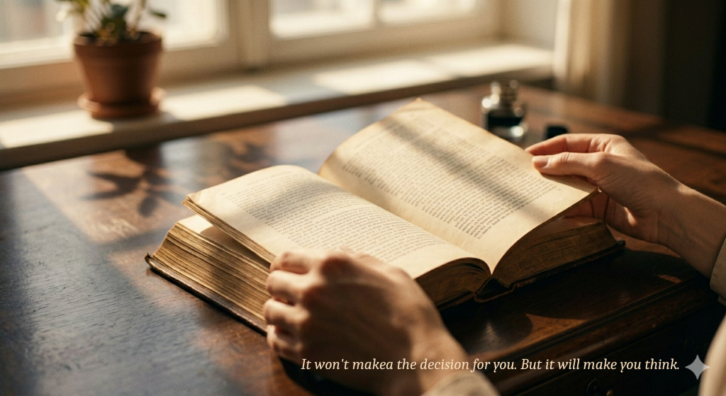 open book on a desk, morning light through window, hands holding pages