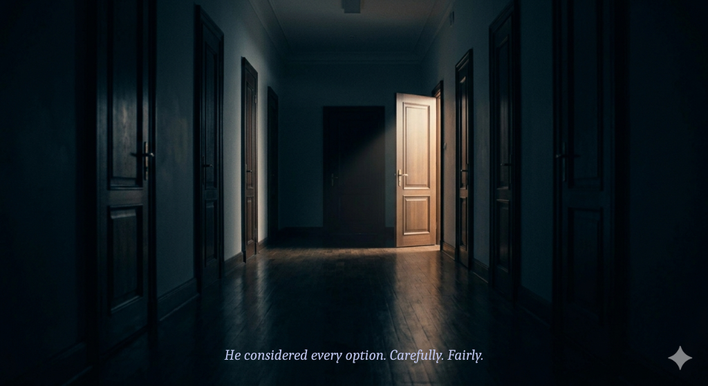 a row of doors in a dark hallway, all closed except one with light coming through,Mere Christianity