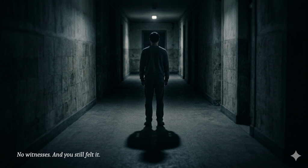 lone figure standing in an empty corridor, dim light at the end, long shadow,Mere Christianity
