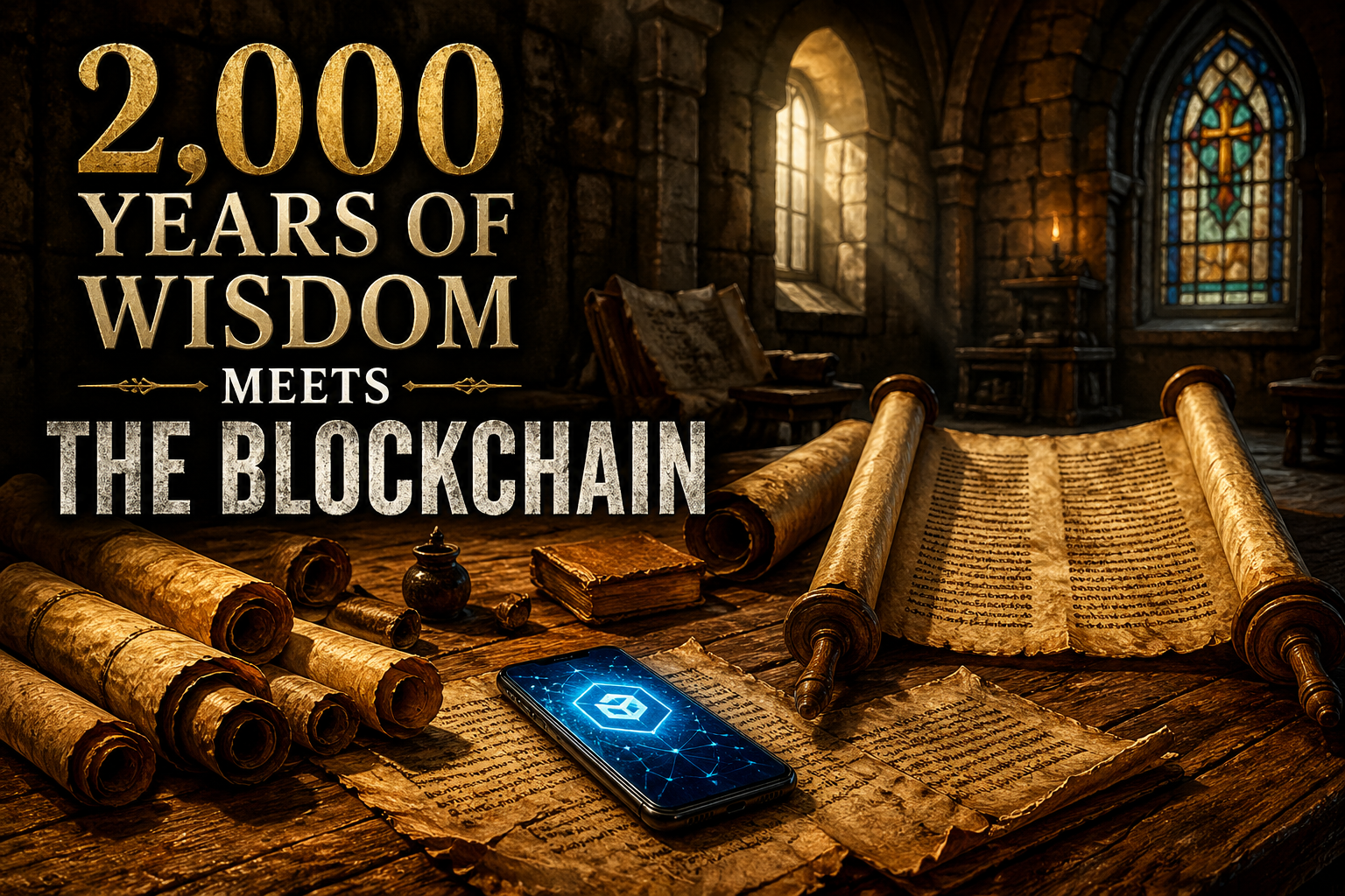 Ancient church interior with scrolls and a glowing modern smartphone, representing the intersection of ancient wisdom and modern finance