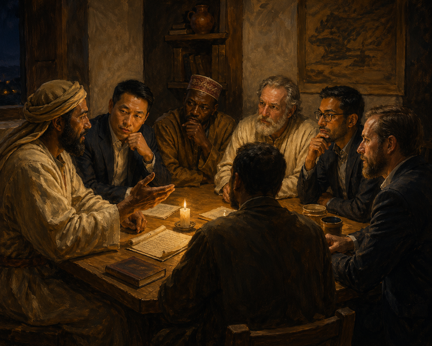 Diverse group of men representing early church deacons and modern Christians in discussion about finances