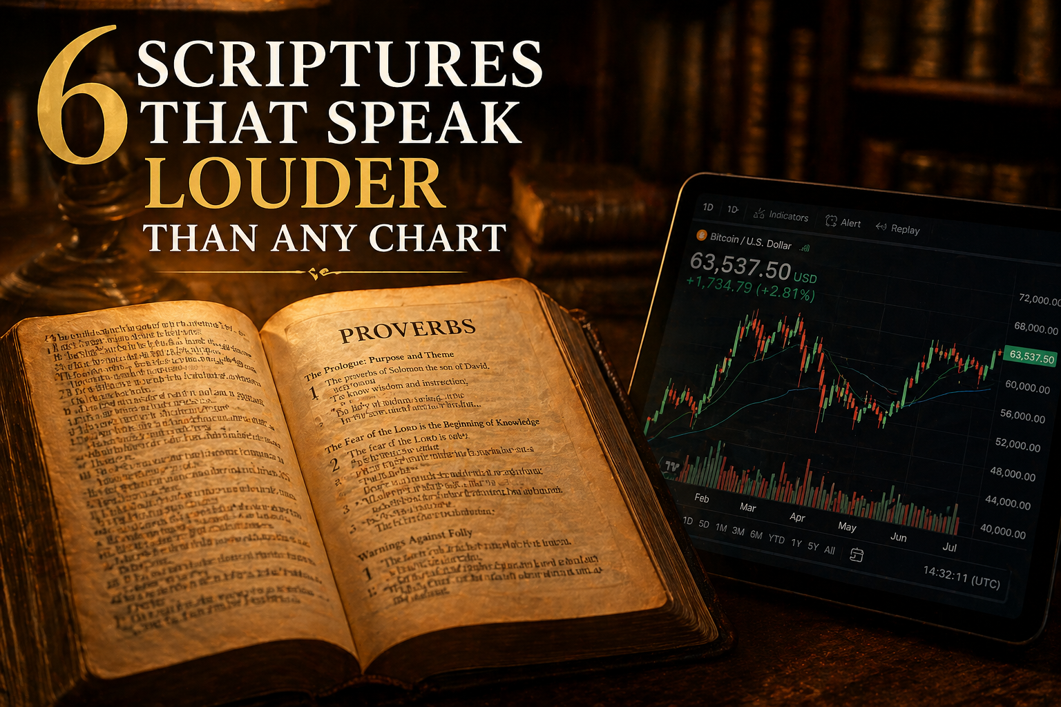 Open Bible with digital cryptocurrency chart overlaid, representing scripture applied to modern finance