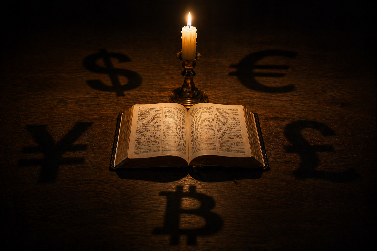 Candlelit Bible with currency symbol shadows, representing biblical wisdom about wealth