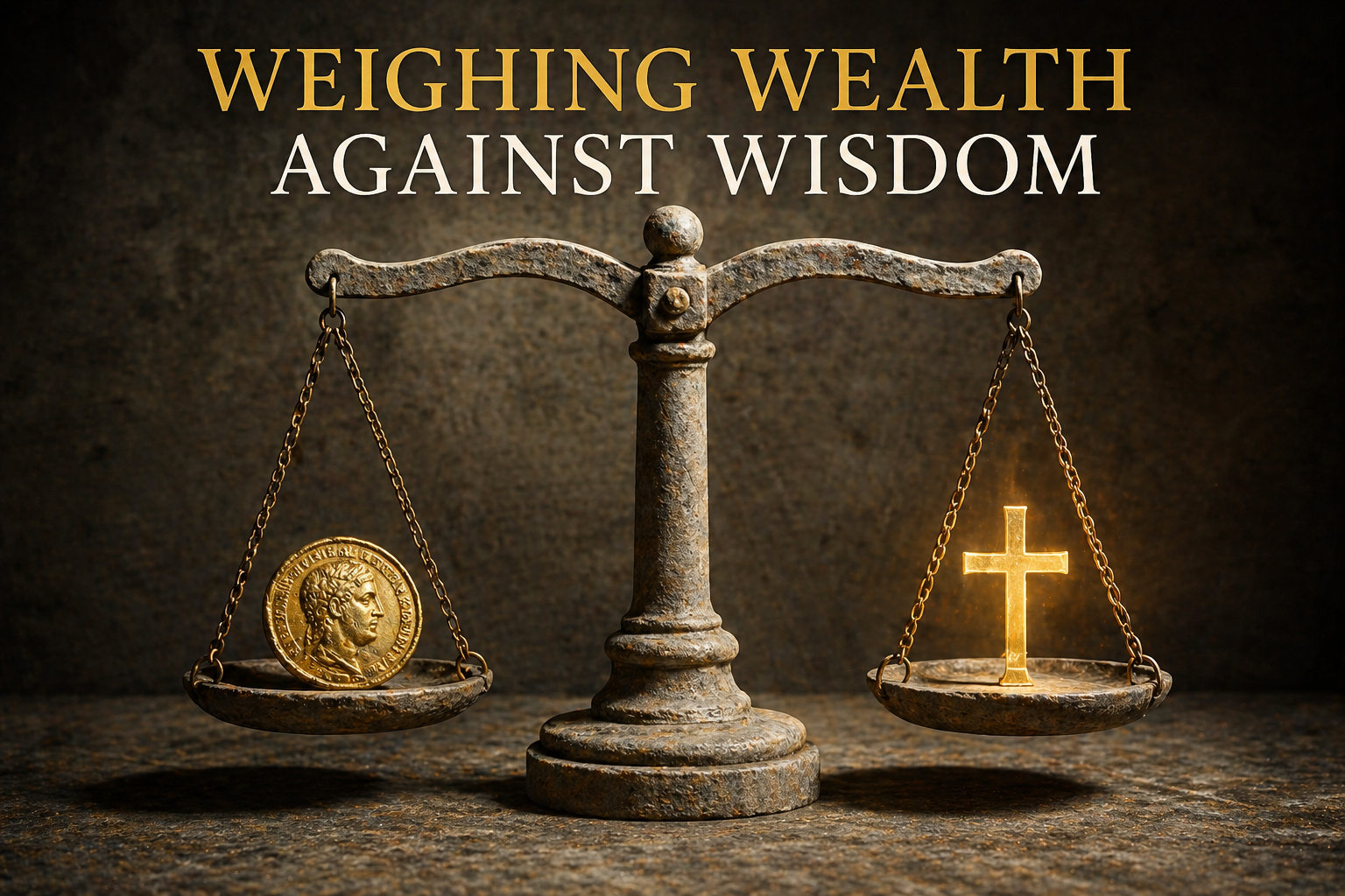 Stone scale balancing a gold coin against a cross, symbolizing the biblical tension between wealth and faith