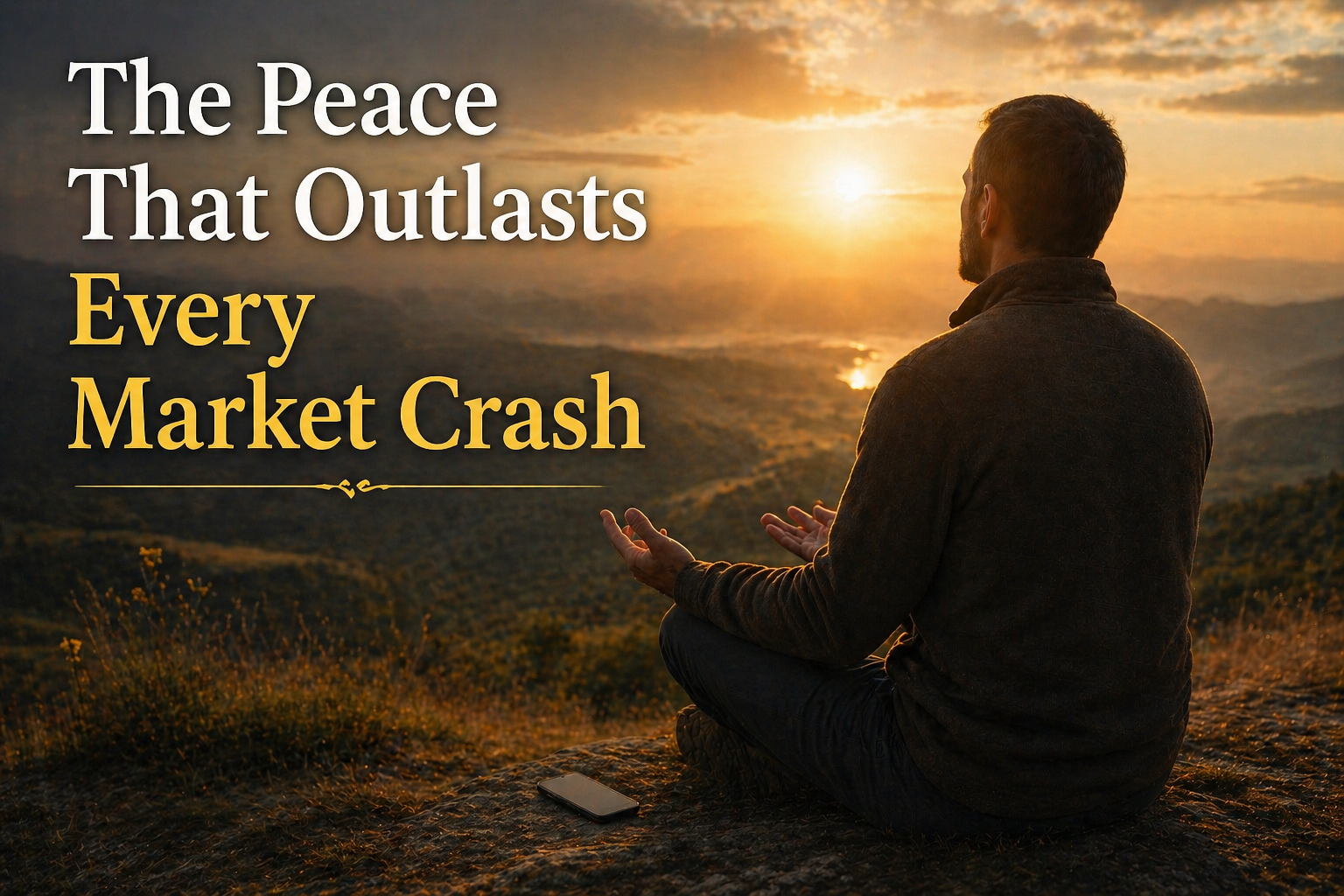 Christian sitting in prayer on a hillside at sunrise with phone face-down, representing peace over financial anxiety