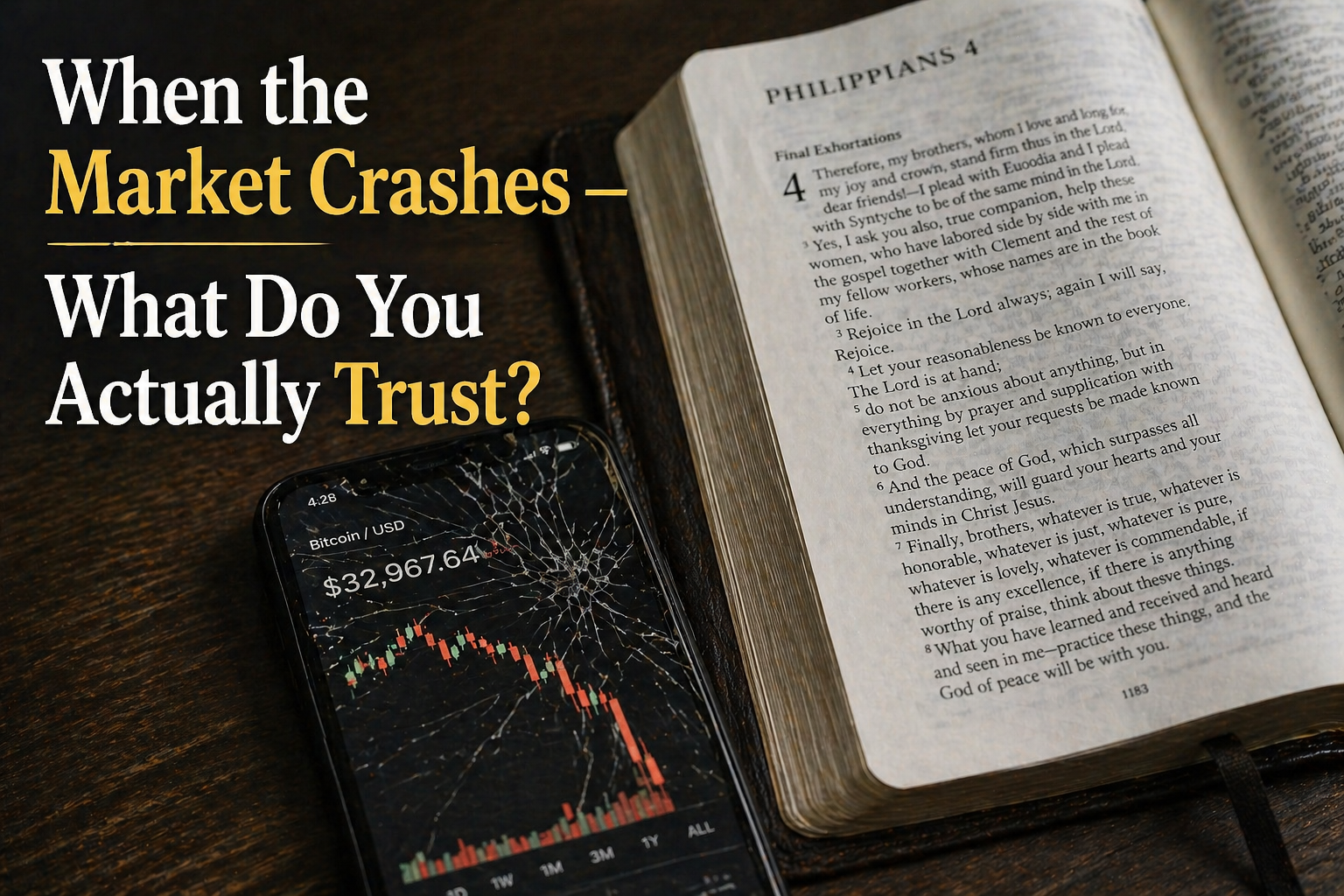 Cracked phone with falling Bitcoin chart next to open Bible at Philippians 4