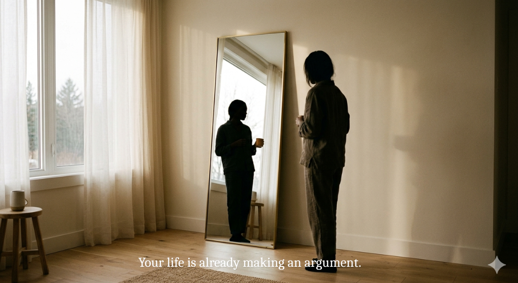 Silhouette of a person reflected in a tall mirror, early morning soft light