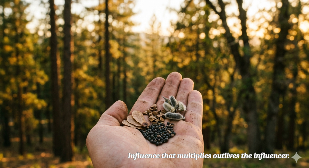 Close-up of an open hand holding seeds, blurred background of tall trees in golden hour light
