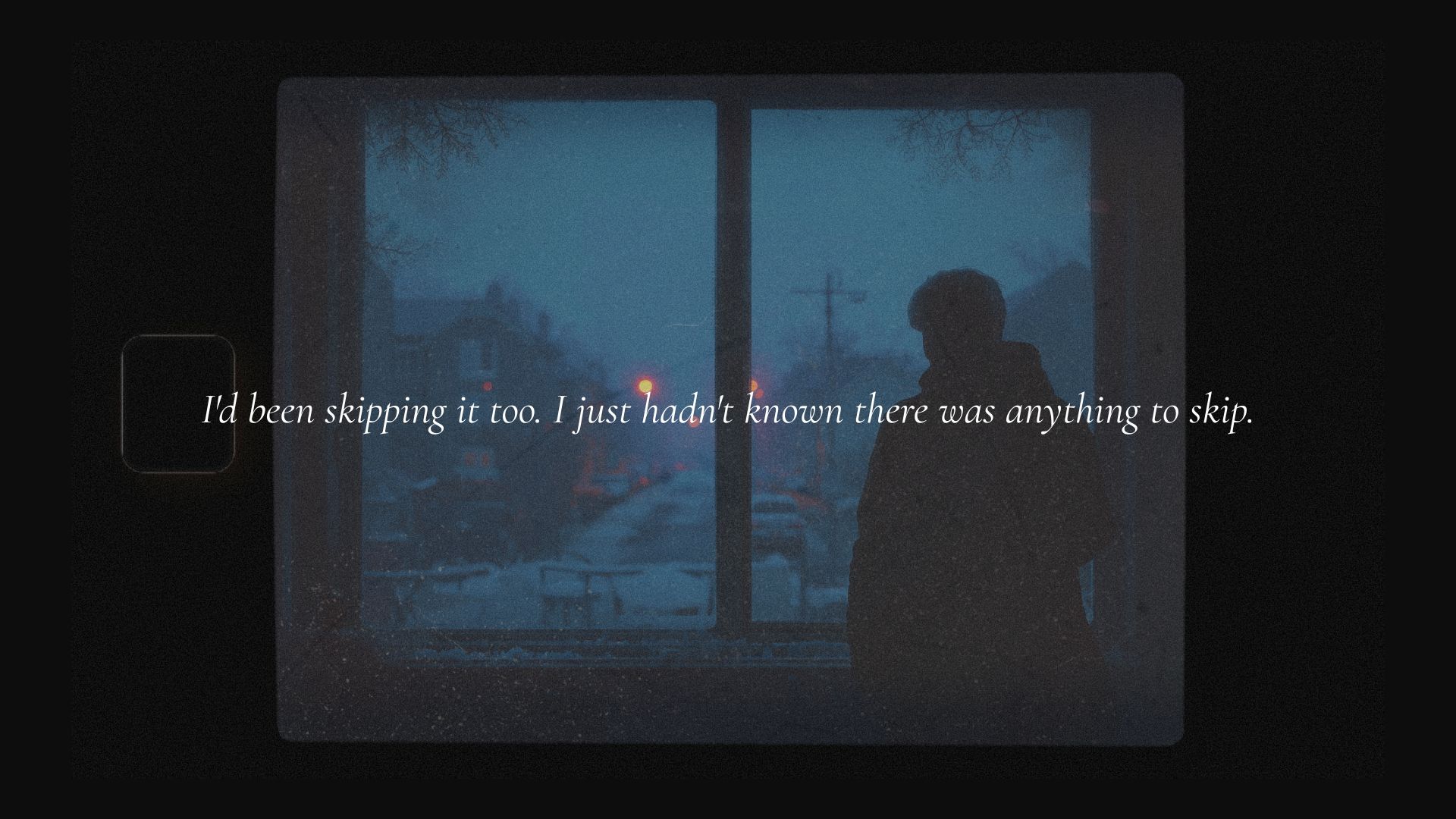 A silhouette of a person standing at a frost-covered window at dusk, looking out at a dark winter street with distant streetlights glowing orange in the snow."