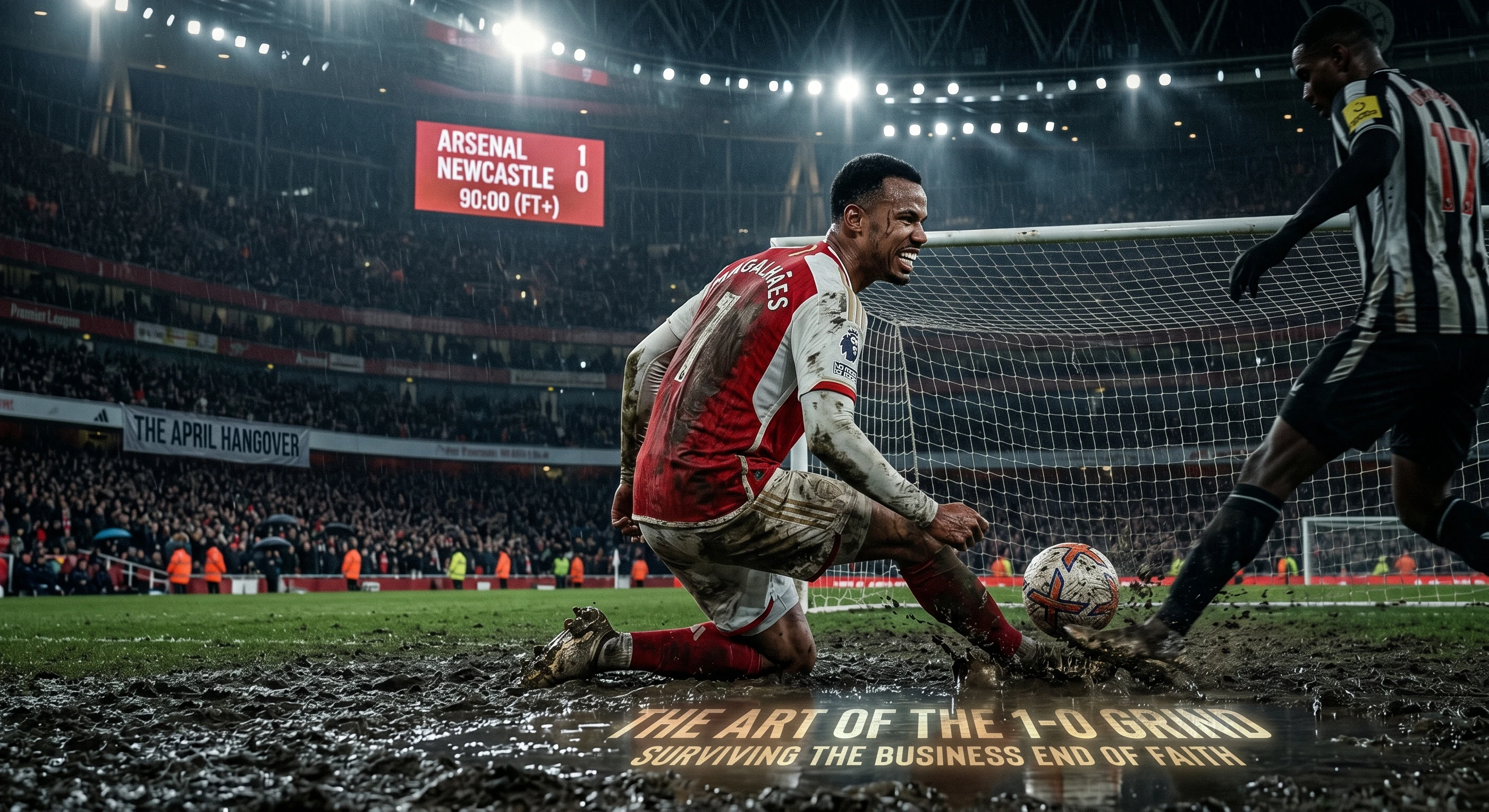 A viscerally muddy action shot at night in the penalty box of Emirates Stadium. An Arsenal center-back (Gabriel, #6) is on his knees, caked in grime, making a desperate block or clearance in thick mud. An opposing Newcastle player (striking black and white) is tangled nearby. The stadium background is a packed, blurred, floodlit night scene. The scoreboard prominently shows "ARSENAL 1 - NEWCASTLE 0" at full-time stoppage time (90:00 FT+). A banner hanging over the stands explicitly reads "THE APRIL HANGOVER." In the foreground, a prominent text graphic is integrated into the muddy surface, reading "THE ART OF THE 1-0 GRIND" and below it "SURVIVING THE BUSINESS END OF FAITH." The textures of sweat, mud, and raw determination are emphasized under intense low-block floodlights.