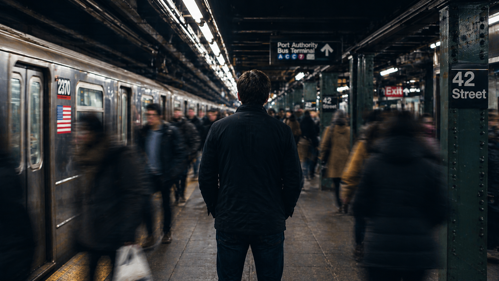 A lone American man stands still on a crowded New York City subway platform, surrounded by blurred commuters rushing past. The scene is captured from behind in a wide-angle shot, with soft fluorescent lighting and muted blue-gray tones, creating a cinematic atmosphere of isolation and quiet introspection.