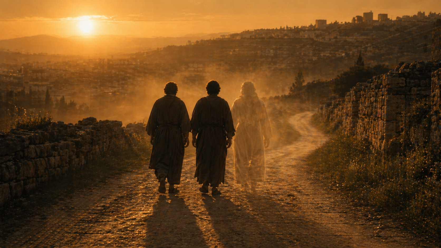 Two silhouetted figures walk along a winding dirt road at golden hour, surrounded by ancient stone walls and soft mist. A third translucent figure appears beside them in the warm haze, symbolizing a spiritual presence. Long shadows stretch across the path, with cinematic lighting and golden-amber tones creating a peaceful, reflective atmosphere.