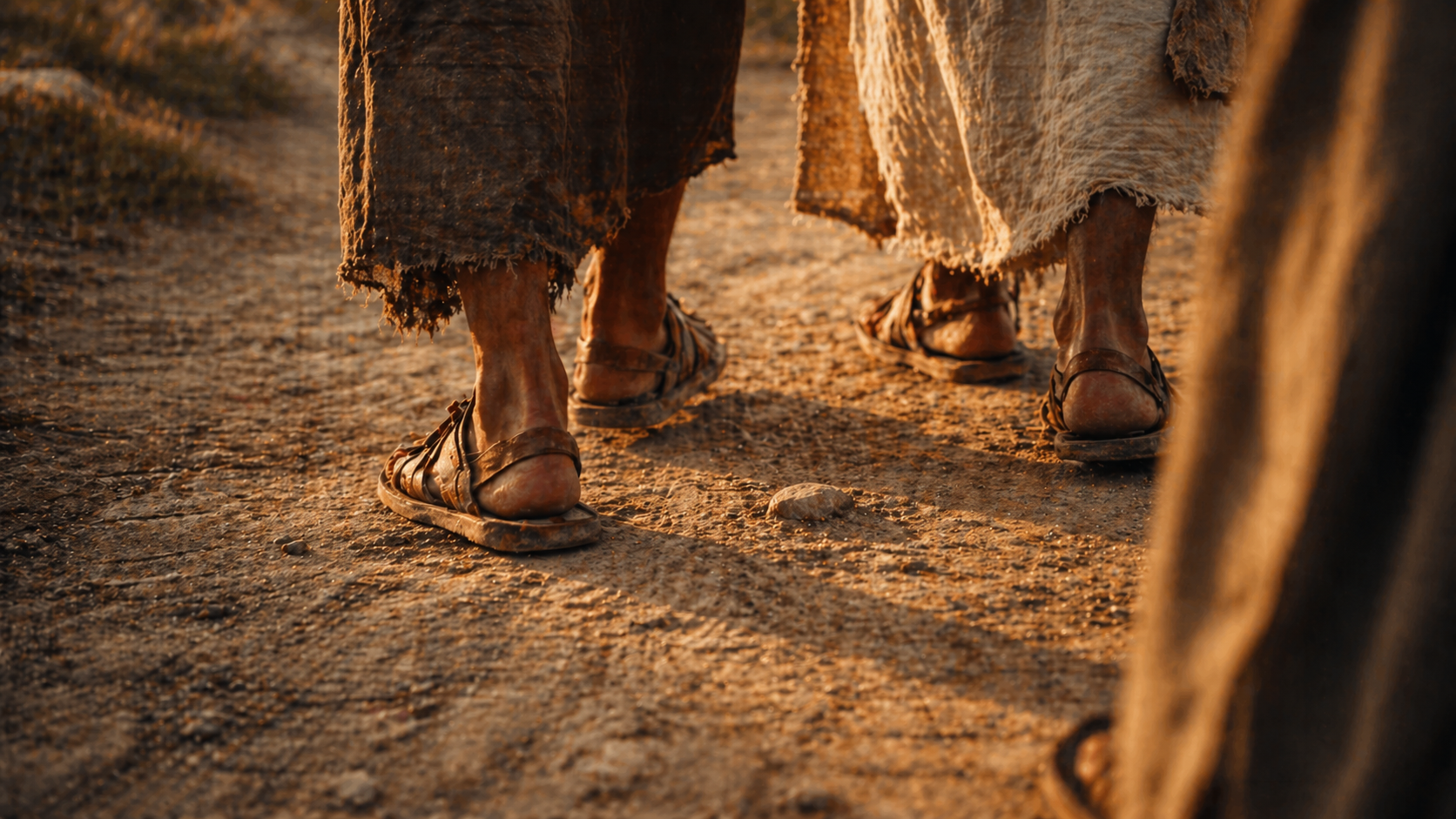 Close-up of two pairs of worn sandaled feet walking along a dusty ancient road, bathed in warm late-afternoon sunlight. A third set of feet is faintly visible at the edge of the frame, suggesting a subtle presence. The shallow depth of field and earthy tones create an intimate, quiet, and reflective atmosphere.