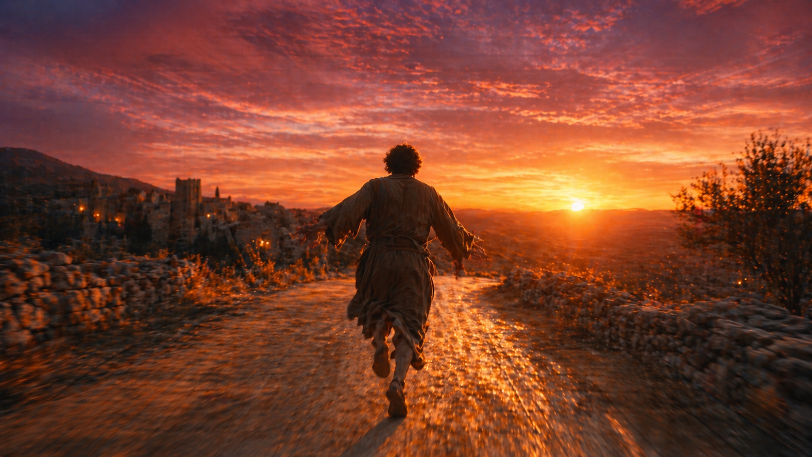 A lone figure runs with urgency and joy along a glowing dirt road at dusk, moving toward a warm light on the horizon. The sky is filled with deep orange, violet, and gold hues, while motion blur on the legs conveys speed and purpose. The cinematic scene captures a powerful sense of recognition, hope, and renewed direction.