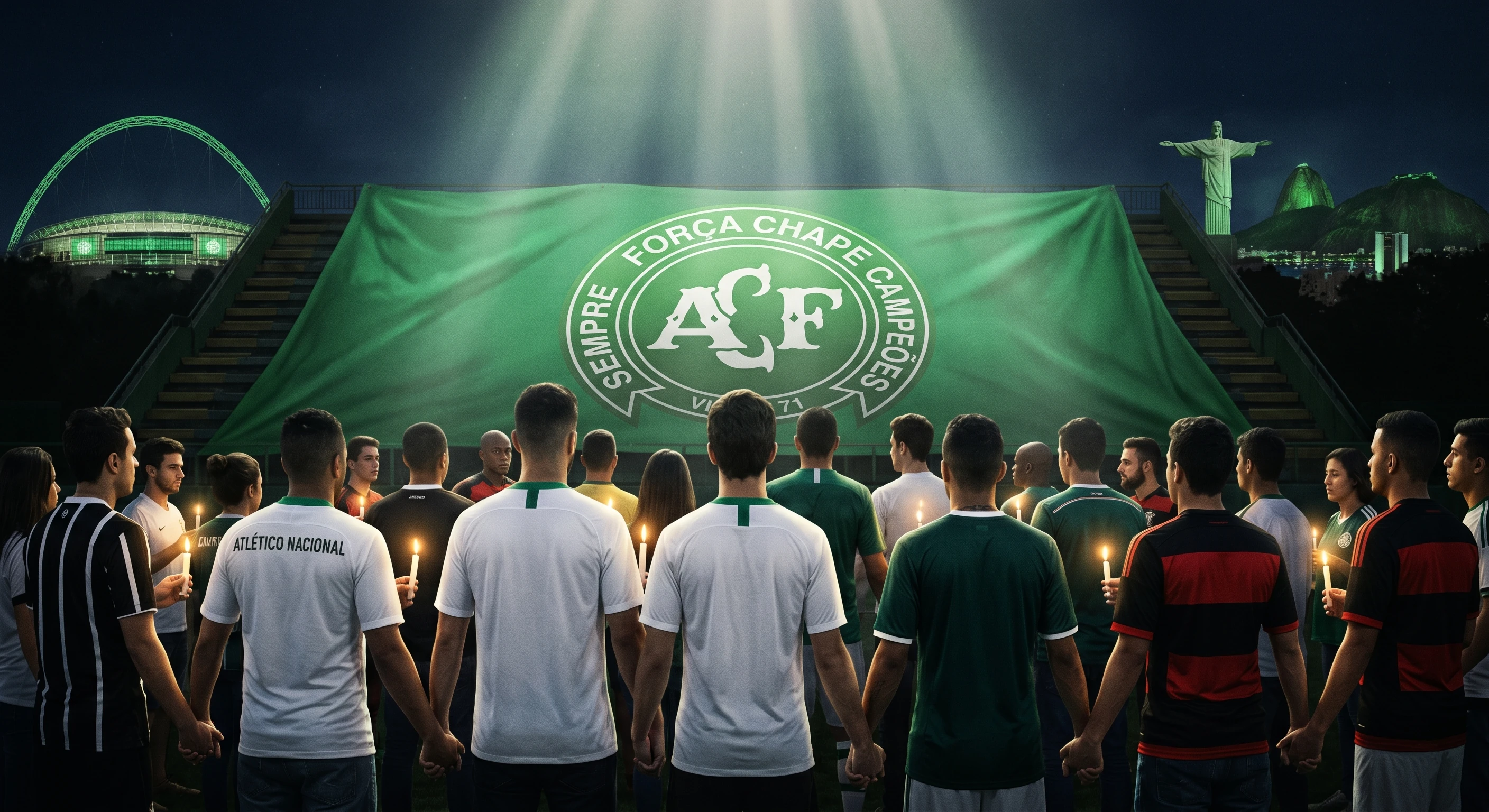 A diverse group of football players and fans in various rival club jerseys standing hand-in-hand with lit candles, facing a massive, glowing green Chapecoense (ACF) tribute banner under a heavenly beam of light. Global landmarks like Wembley Stadium and Christ the Redeemer glow green in the background.