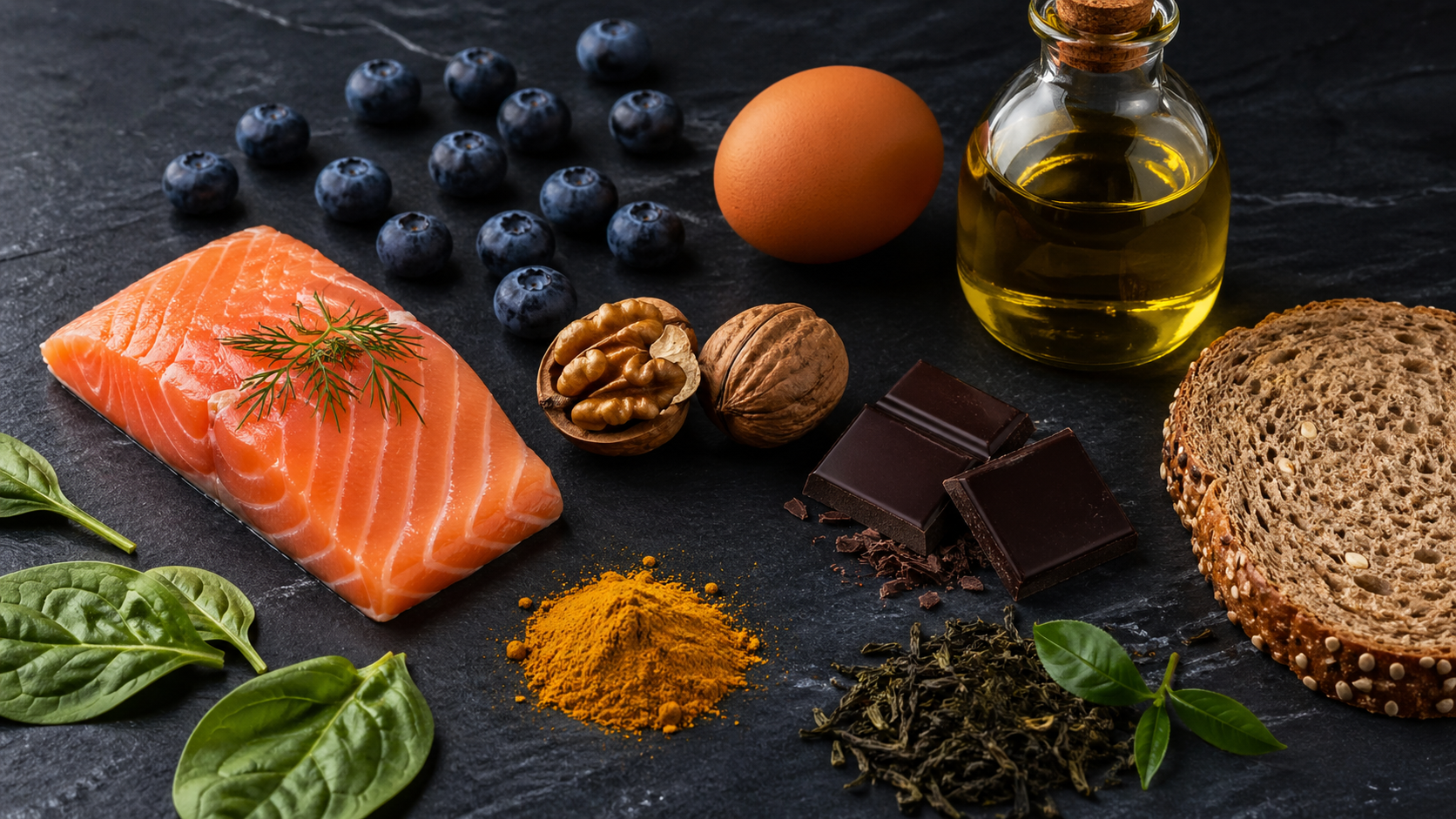 A thoughtfully arranged still life of brain-healthy ingredients—salmon, blueberries, walnuts, and olive oil—set against a dark backdrop. The composition highlights rich textures and natural colors in a premium food styling aesthetic.