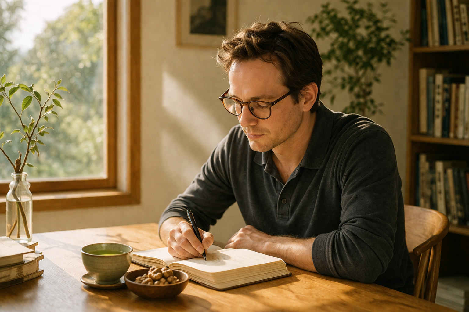 In the warmth of afternoon sunlight, a man quietly writes in his notebook, absorbed in thought. The calm atmosphere, along with green tea and walnuts on the desk, reflects a moment of peaceful focus.