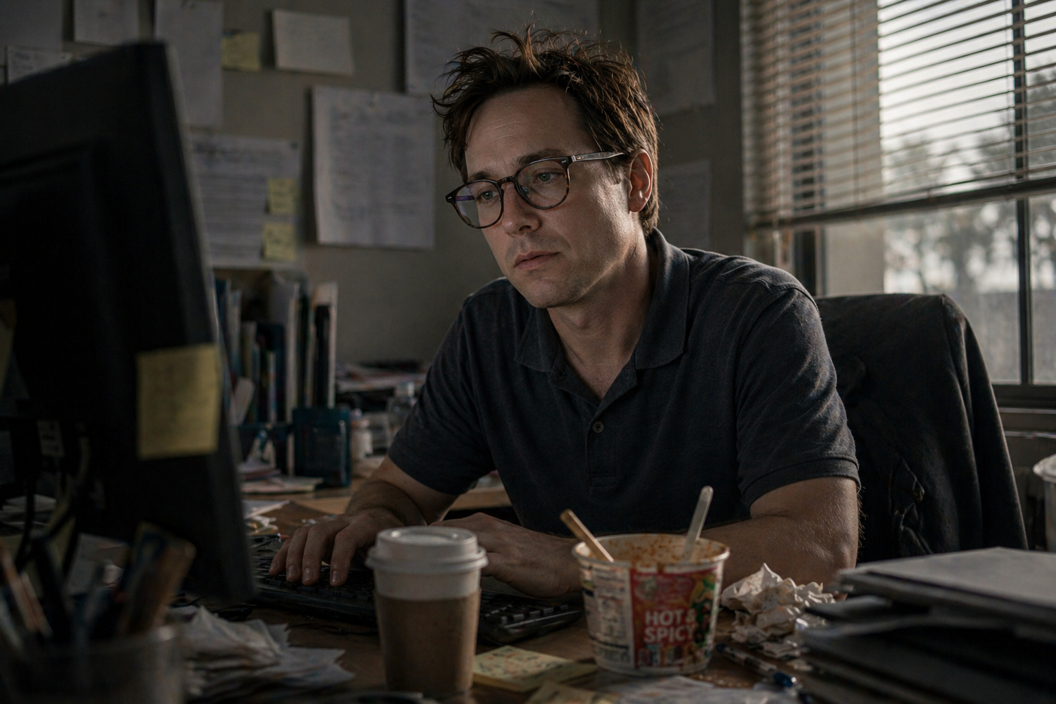 In a dimly lit room, a man sits at his desk, deeply focused on his computer. Surrounded by coffee and quick meals, the scene reflects intensity, dedication, and the reality of late-night work.