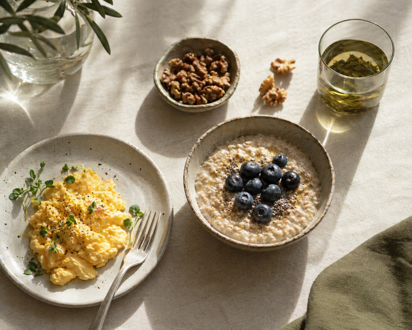 A balanced breakfast illuminated by soft sunlight, featuring scrambled eggs, oatmeal with blueberries, nuts, and green tea. It captures a gentle and nourishing start to the day.