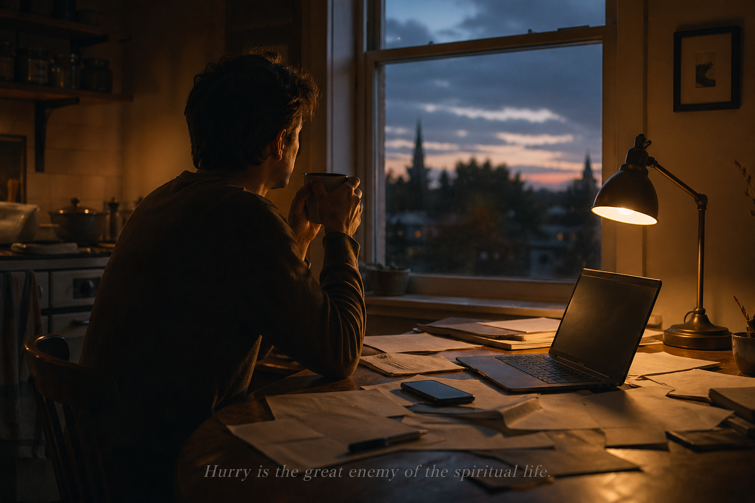 A lone figure sitting at a cluttered wooden kitchen table at dusk, holding a coffee mug, gazing out a large window,The Ruthless Elimination of Hurry