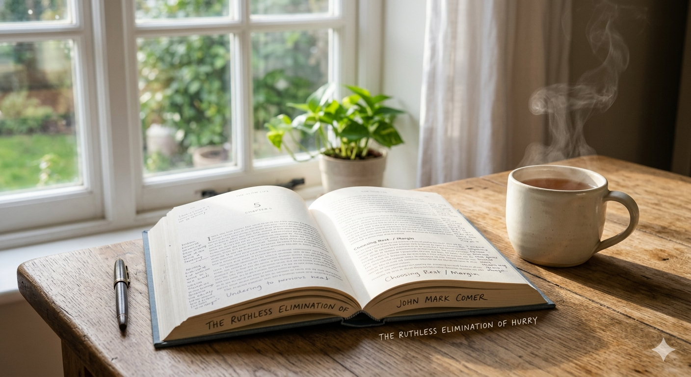 Open book with handwritten margin notes on a warm wooden table, morning window light. Steaming cup of tea beside it.The Ruthless Elimination of Hurry