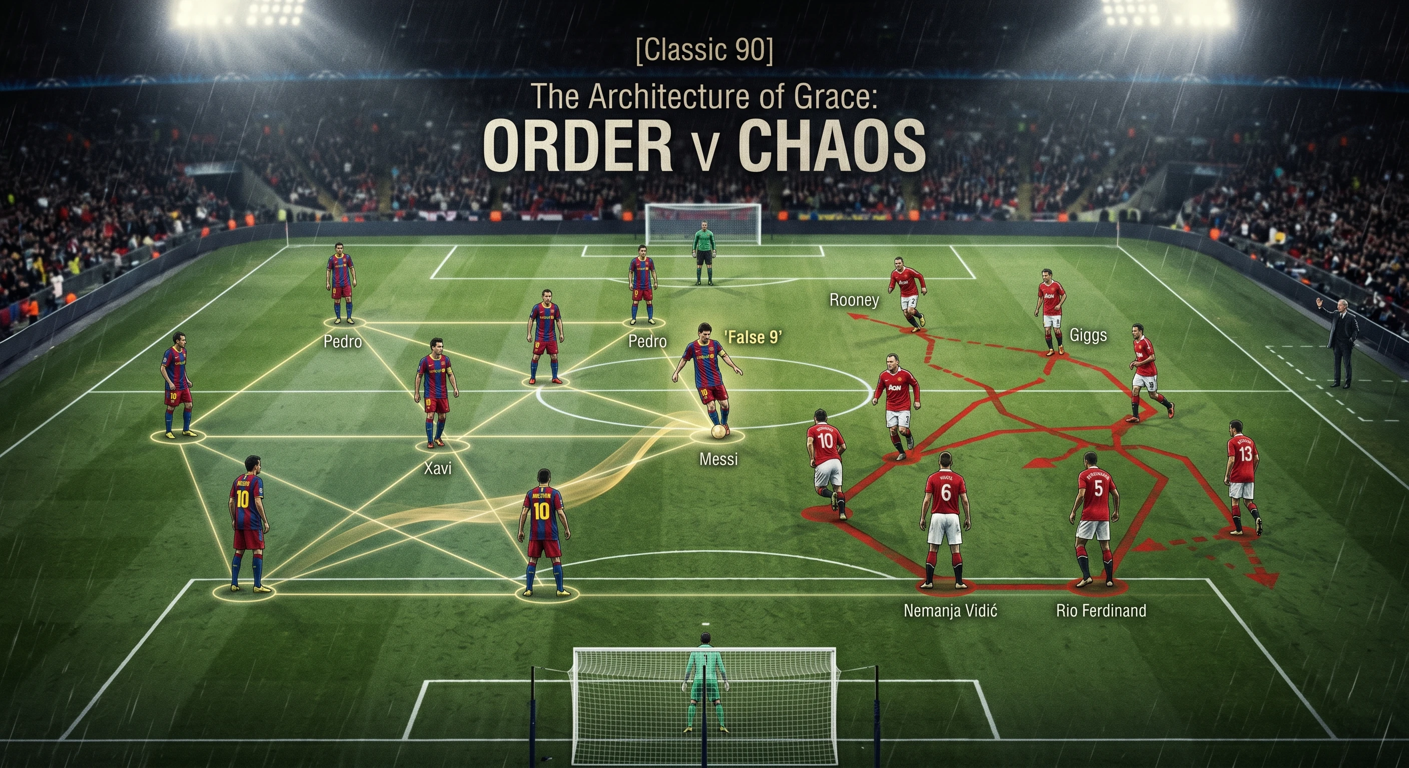 A tactical illustration of the 2011 Champions League Final showing a football pitch split between two ideologies. On the left, Barcelona players are connected by perfect golden geometric lines representing ordered "Positional Play," with Lionel Messi roaming freely as a "False 9." On the right, Manchester United's defense is surrounded by chaotic, jagged red arrows. The text reads: "The Architecture of Grace: ORDER v CHAOS."