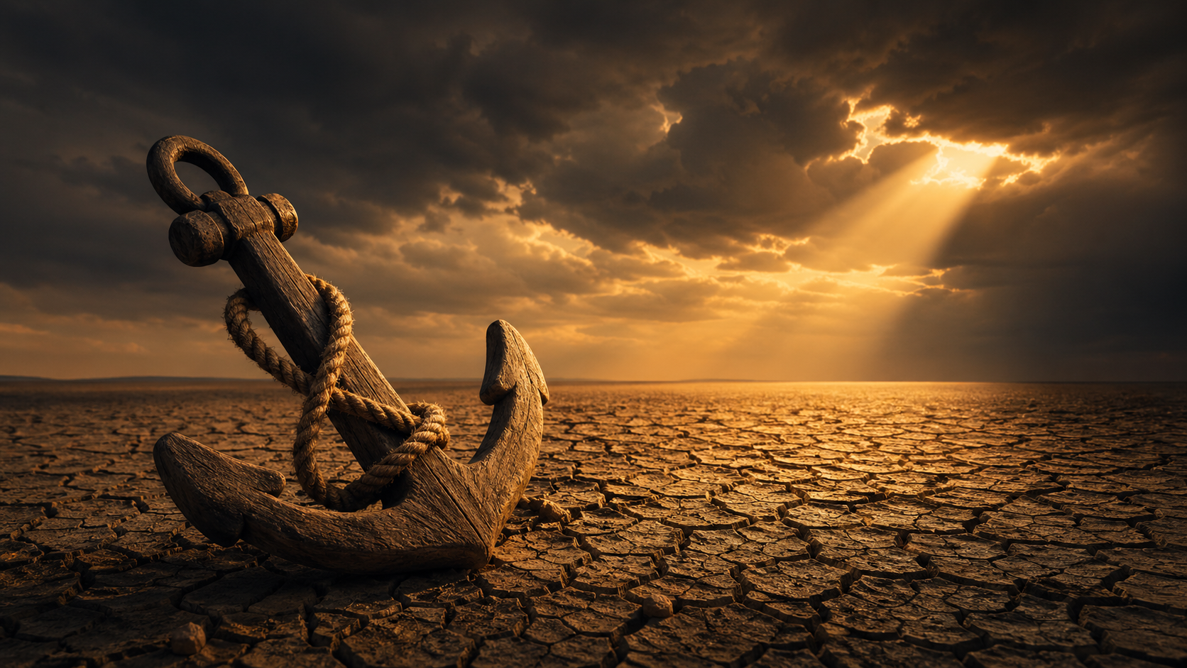 A solitary wooden ship anchor rests on cracked, dry earth at golden hour, under dramatic storm clouds with a single beam of sunlight breaking through, symbolizing steadfastness and faith in uncertain times.