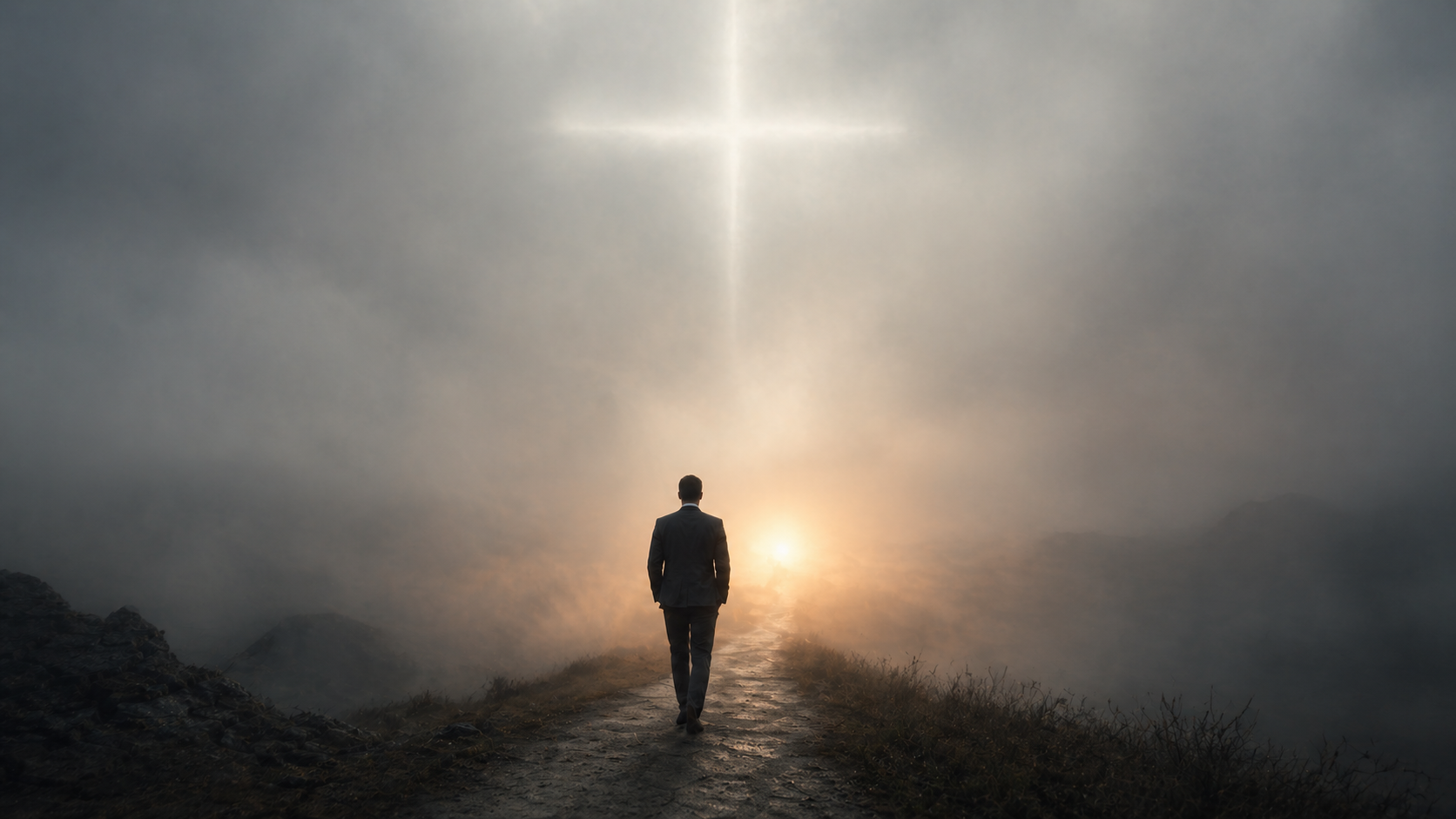 A solitary figure in business attire walks along a narrow path through dense fog, moving toward a distant warm light, while a faint cross-shaped beam shines through the mist above, symbolizing faith and guidance.
