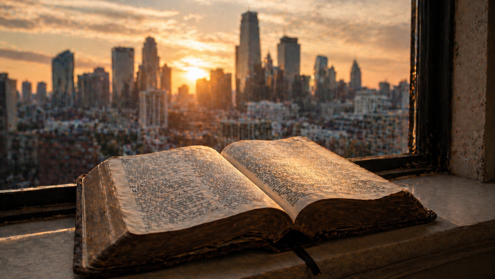 A worn, open Bible rests on a window ledge, illuminated by soft golden morning light, overlooking a modern city skyline at dawn, highlighting the contrast between ancient scripture and contemporary urban life.