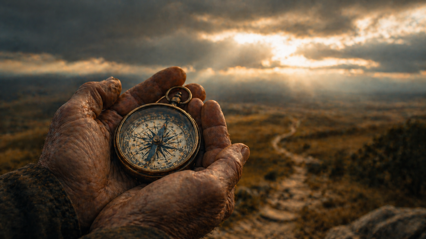 Close-up of weathered hands gently cupping an antique brass compass, with a softly blurred open landscape and a cloudy sky in the background as rays of light break through, symbolizing guidance and direction.
